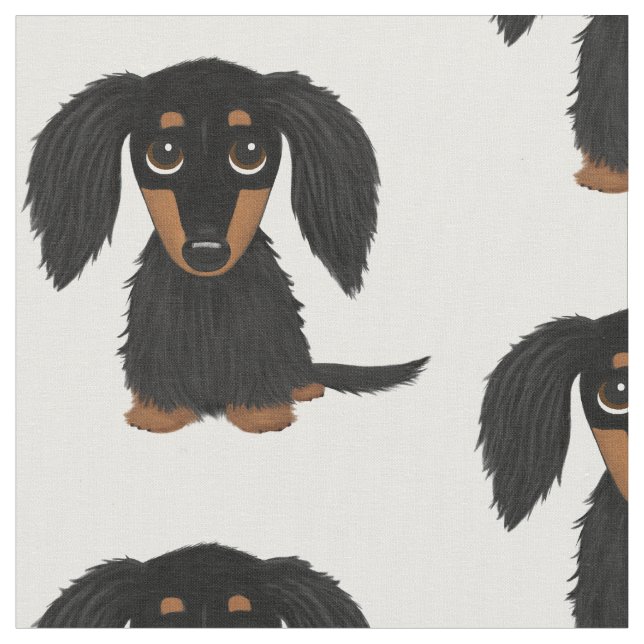 Long Haired Black and Tan Dachshund Cartoon Dog Fabric (Close Up)