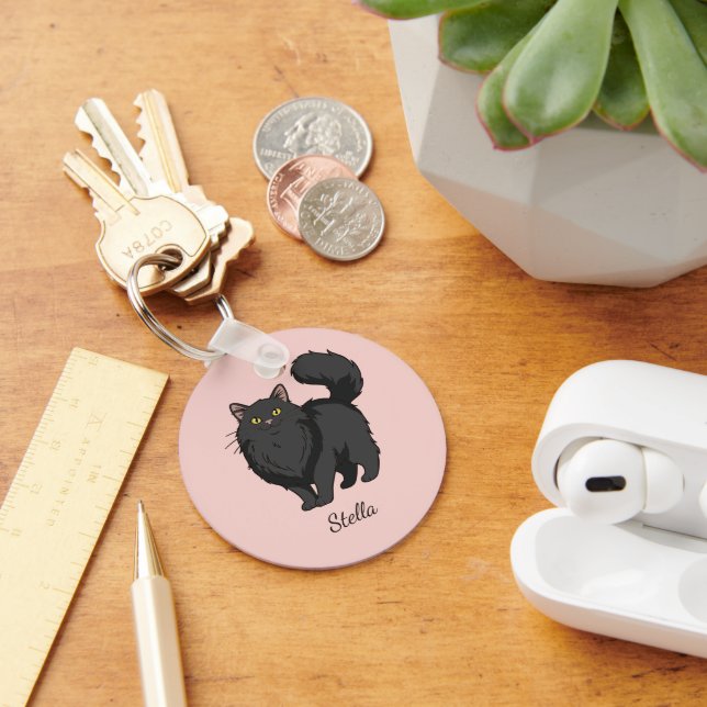 Long Haired Black Cat Mum Personalised Key Ring (Desk)