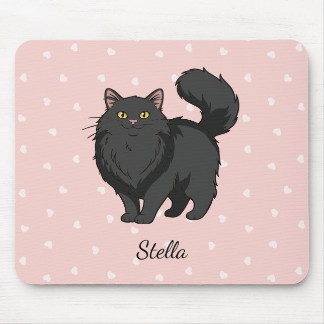 Long Haired Black Cat Personalised Mouse Pad (Front)
