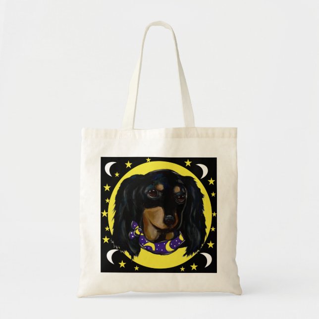 Long Haired Black Dachshund Tote Bag (Front)