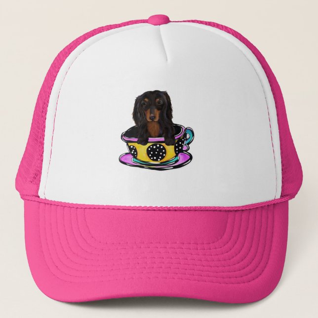 Long Haired Black Doxie Trucker Hat (Front)
