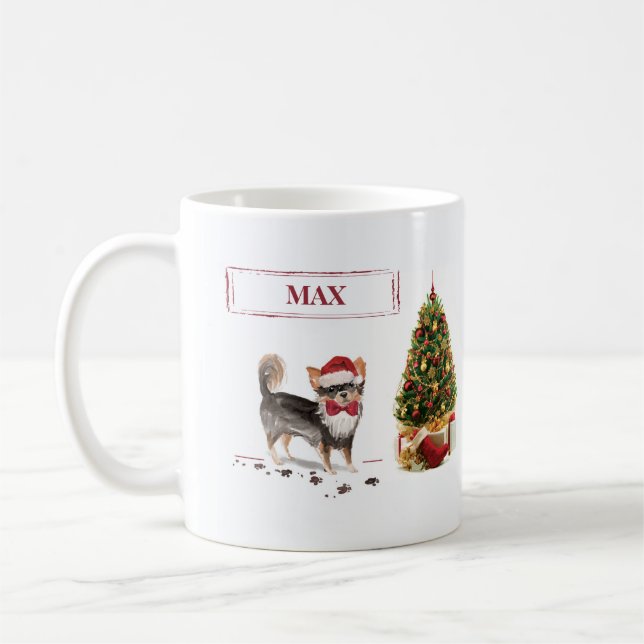Long Haired Chihuahua Funny Christmas Dog Tree Coffee Mug (Left)