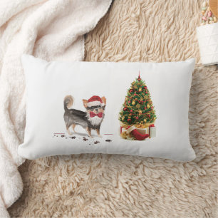 Long Haired Chihuahua Funny Christmas Dog Tree Lumbar Cushion