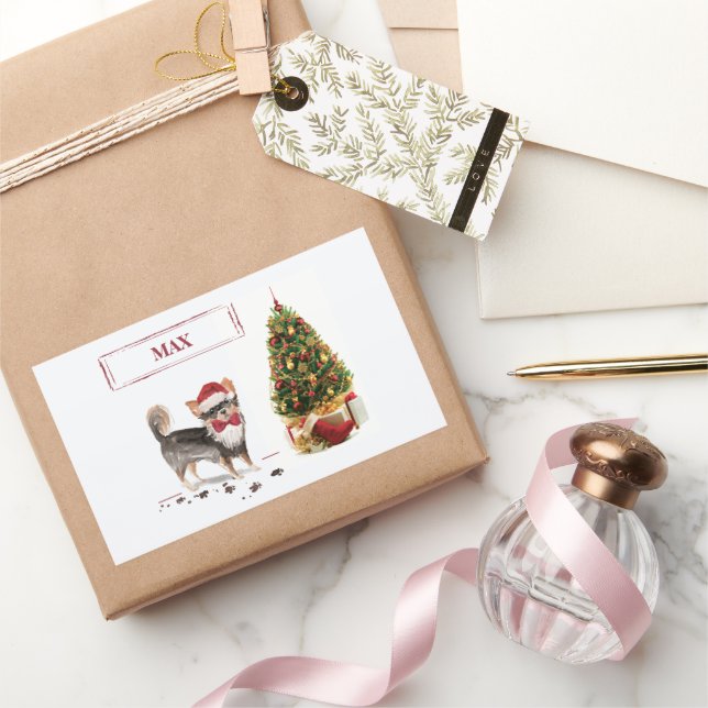 Long Haired Chihuahua Funny Christmas Dog Tree Rectangular Sticker (Gifting)