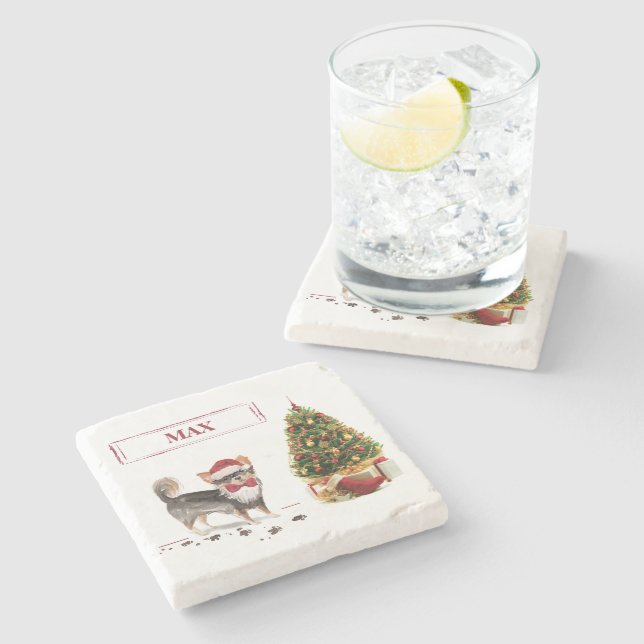 Long Haired Chihuahua Funny Christmas Dog Tree Stone Coaster (Side)