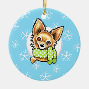 Long Haired Chihuahua Let it Snow Ceramic Tree Decoration
