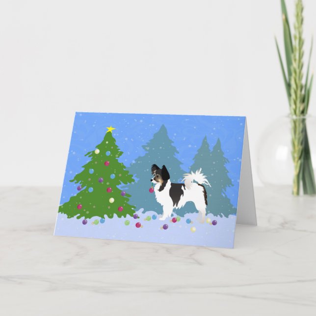 Long-haired Chihuahua or Papillon Decorating Tree Holiday Card (Front)