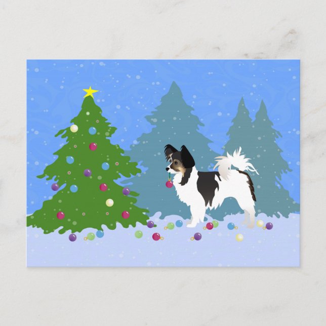 Long-haired Chihuahua or Papillon Decorating Tree Postcard (Front)