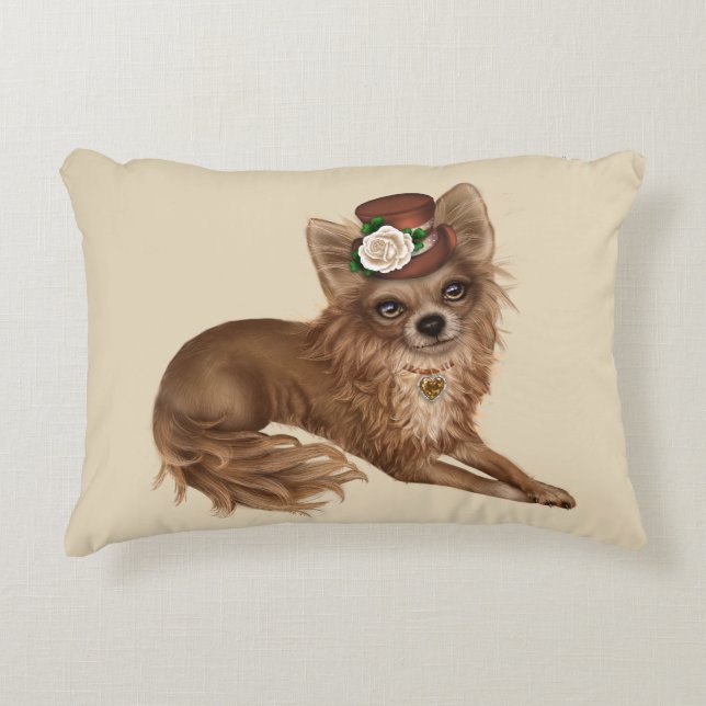 Long Haired Chihuahua Pillow wearing Hat with Flow (Front)