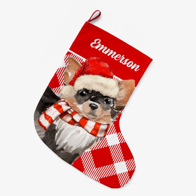 Long Haired Chihuahua Red Plaid with Dog's Name Large Christmas Stocking (Front (Hanging))