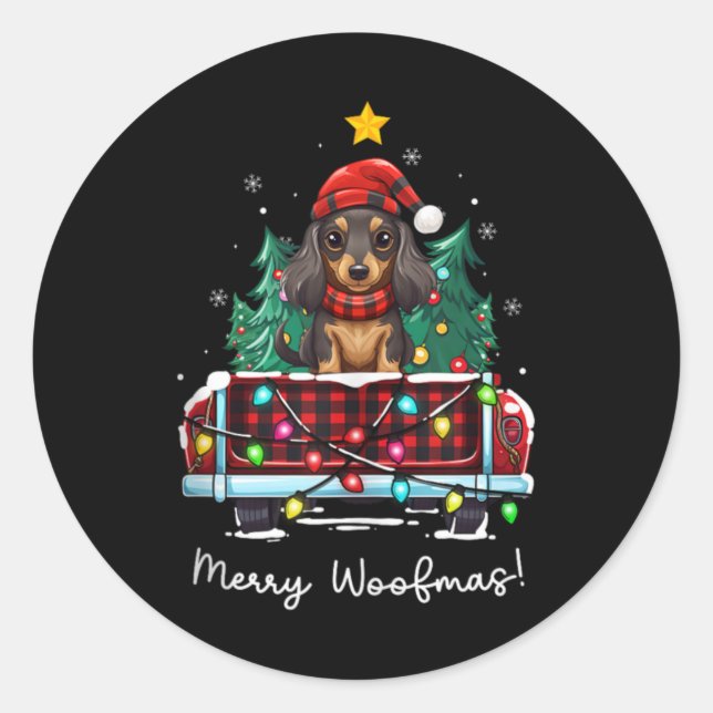 Long Haired Dachshund Christmas Dog Truck Plaid Fu Classic Round Sticker (Front)