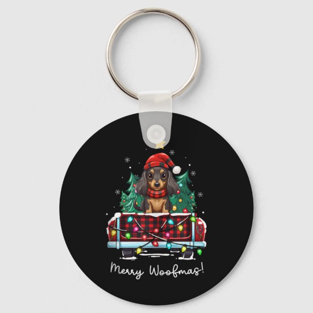 Long Haired Dachshund Christmas Dog Truck Plaid Fu Key Ring (Front)