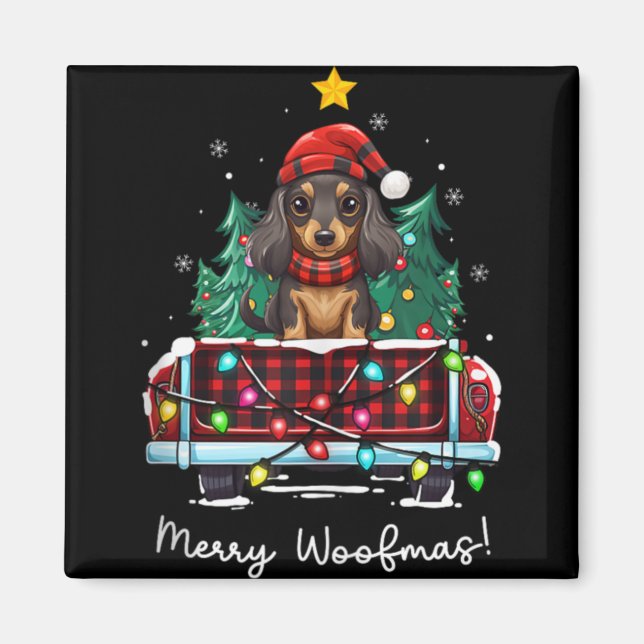 Long Haired Dachshund Christmas Dog Truck Plaid Fu Magnet (Front)