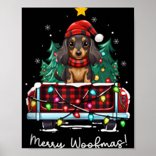 Long Haired Dachshund Christmas Dog Truck Plaid Fu Poster