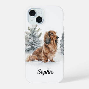 Long Haired Dachshund Doxie Sausage Dog In Snow iPhone 15 Case
