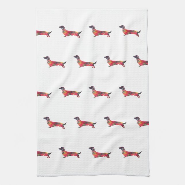 Long Haired Dachshund Geo Silhouette Multi Tea Towel (Vertical)