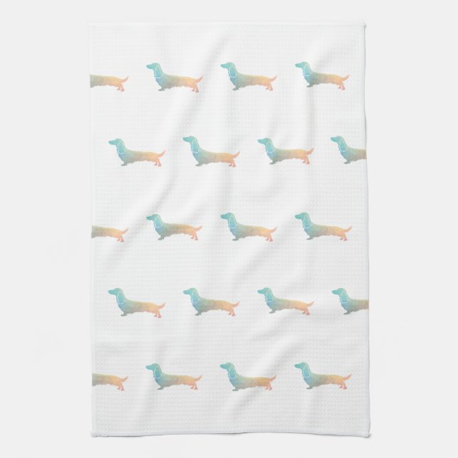 Long Haired Dachshund Geo Silhouette Pastel Tea Towel (Vertical)