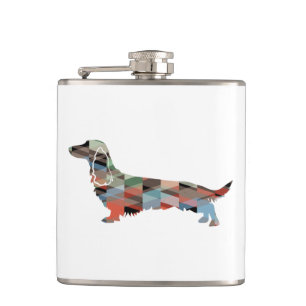 Long Haired Dachshund Geo Silhouette Plaid Hip Flask