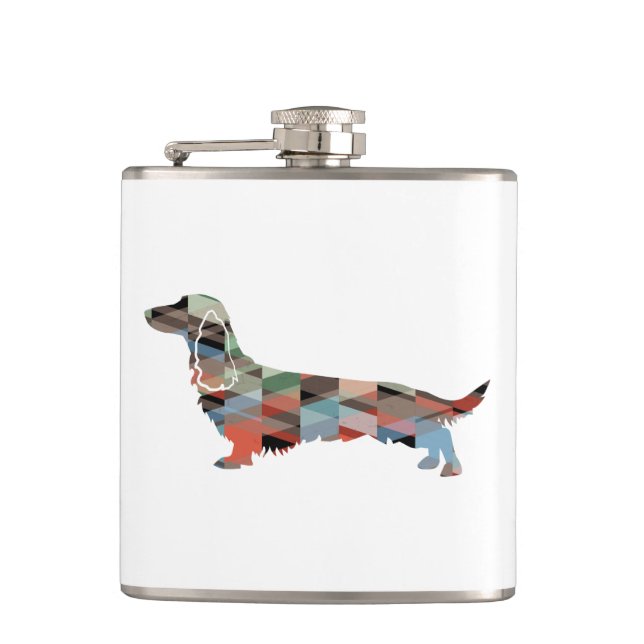 Long Haired Dachshund Geo Silhouette Plaid Hip Flask (Front)
