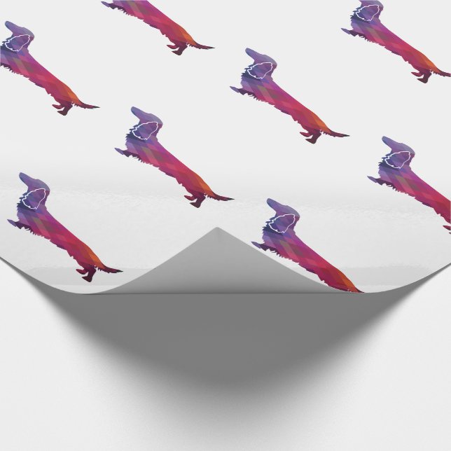 Long Haired Dachshund Geo Silhouette Purple Wrapping Paper (Corner)