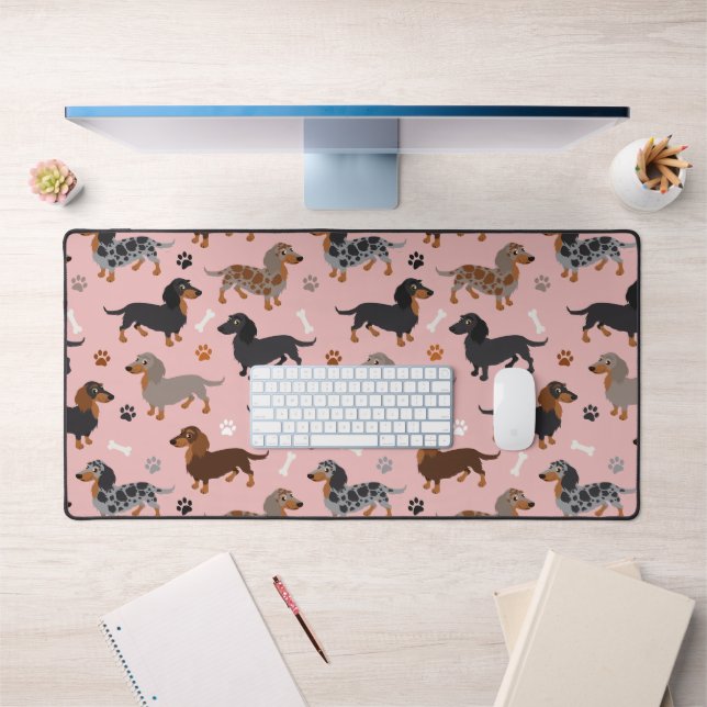 Long haired Dachshund Paws and Bones Pattern Desk Mat (Office 1)