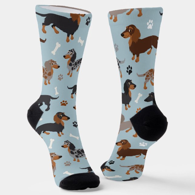 Long haired Dachshund Paws and Bones Pattern Socks (Angled)