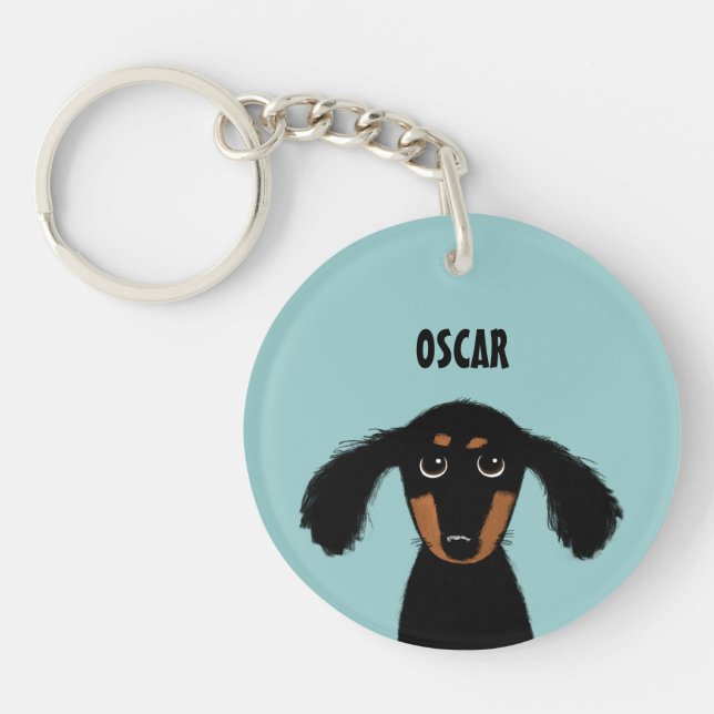Long Haired Dachshund Puppy with Custom Text Key Ring (Front)