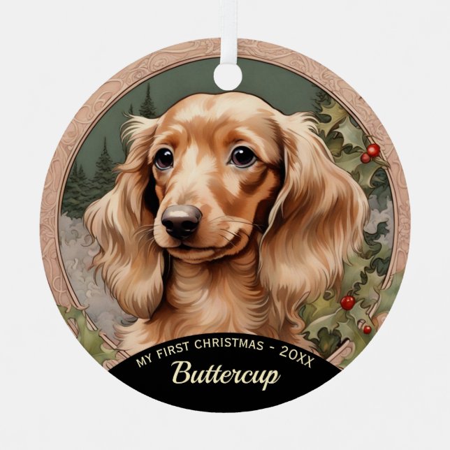 Long Haired Dachshund Puppy's First Christmas Metal Tree Decoration (Front)
