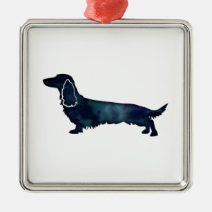 Long Haired Dachshund Silhouette Black Watercolor Metal Tree Decoration