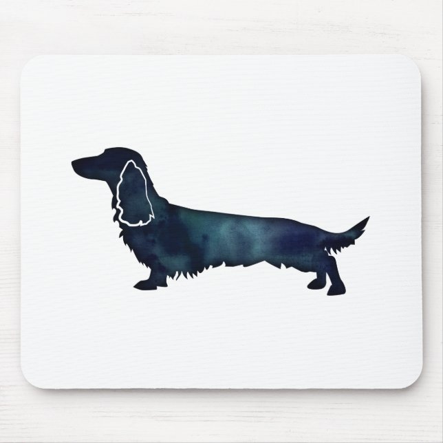 Long Haired Dachshund Silhouette Black Watercolor Mouse Pad (Front)