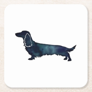 Long Haired Dachshund Silhouette Black Watercolor Square Paper Coaster