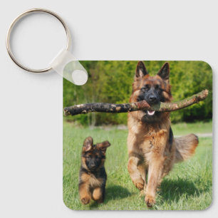 Long Haired Fluffy German Shepherd Dog and Puppy Key Ring