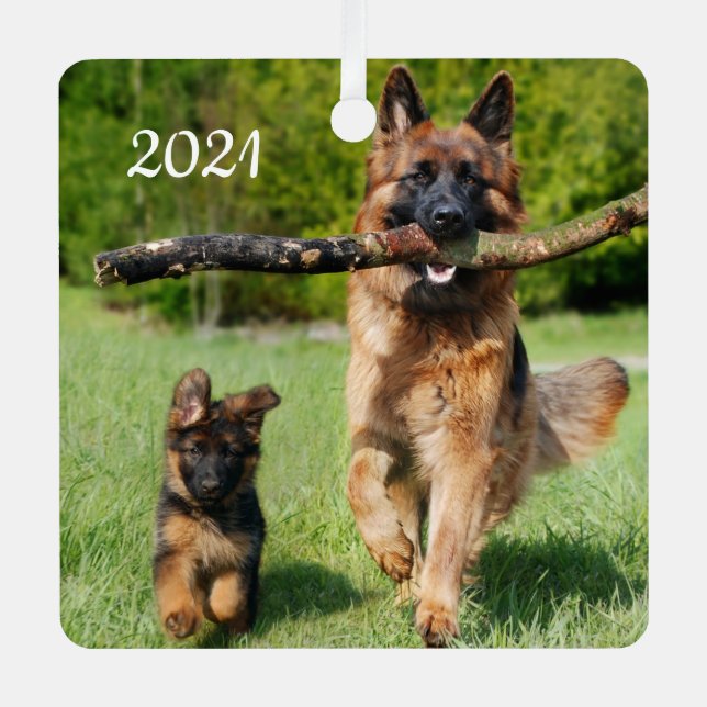 Long Haired Fluffy German Shepherd Dog and Puppy Metal Tree Decoration (Front)