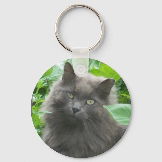 Long Haired Grey Russian Blue Cat Key Ring (Front)
