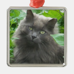 Long Haired Grey Russian Blue Cat Metal Tree Decoration