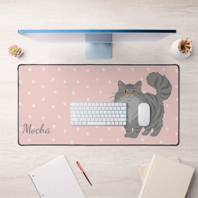 Long Haired Grey Tabby Cat Mum Personalised Desk Mat (Office 1)