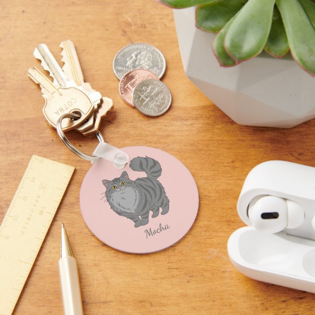 Long Haired Grey Tabby Cat Mum Personalised Key Ring (Desk)