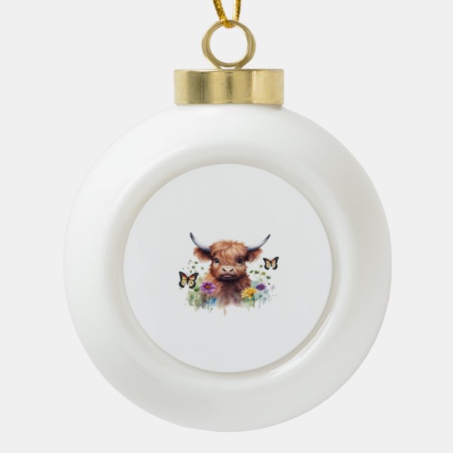 Long Haired Highland Baby Cow Classic T-Shirt Ceramic Ball Christmas Ornament (Front)