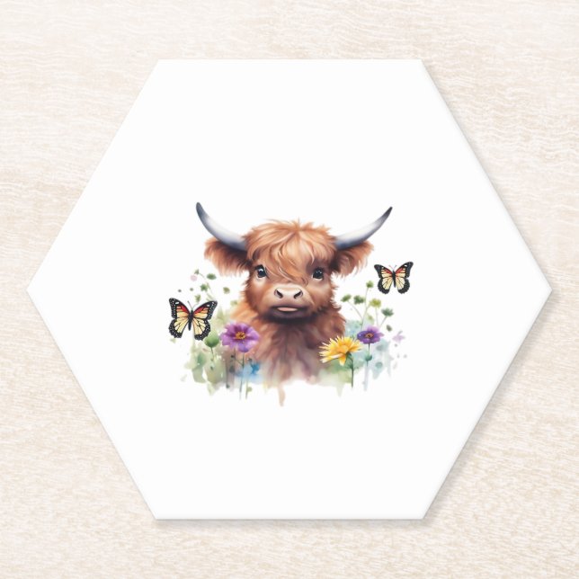 Long Haired Highland Baby Cow Classic T-Shirt Paper Coaster (Front)