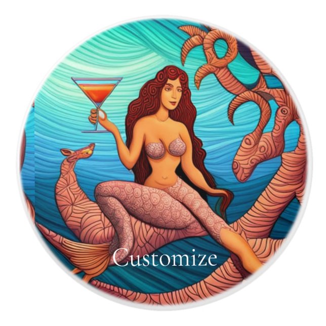 Long-haired Martini Mermaid Thunder_Cove  Ceramic Knob (Front)