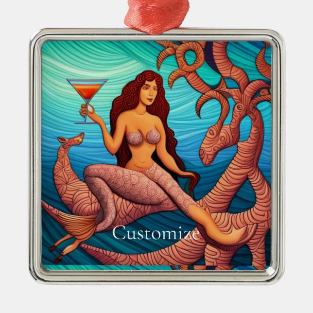 Long-haired Martini Mermaid Thunder_Cove  Metal Tree Decoration (Front)
