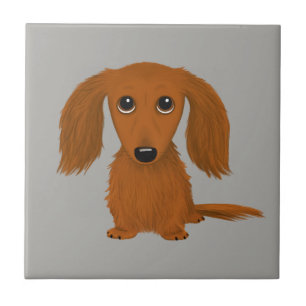 Long Haired Red Dachshund   Cute Doxie Cartoon Dog Tile