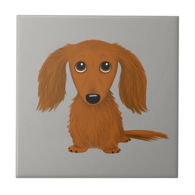 Long Haired Red Dachshund | Cute Doxie Cartoon Dog Tile (Front)
