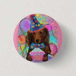 LONG HAIRED RED DOXIE       3 CM ROUND BADGE
