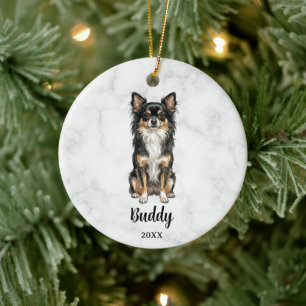Long-Haired Tri-Colour Chihuahua Name Dog Memorial Ceramic Tree Decoration