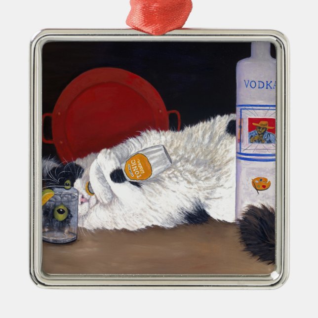 Long Haired Tuxedo Cat Metal Tree Decoration (Front)