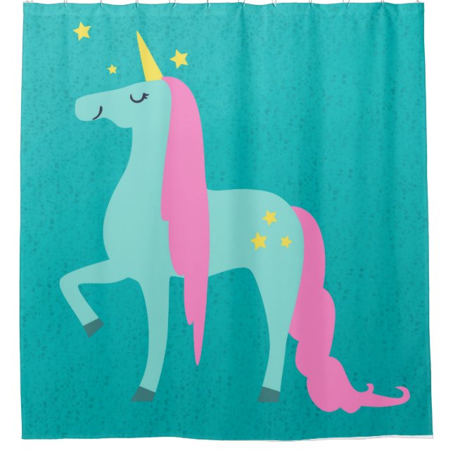 Long-Haired Unicorn on Green Shower Curtain (Front)