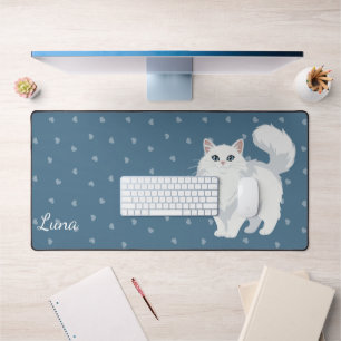 Long Haired White Cat Mum Personalised Desk Mat