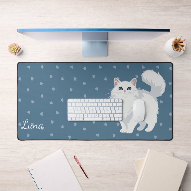 Long Haired White Cat Mum Personalised Desk Mat (Office 1)
