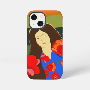 Long haired woman walking in poppy field iPhone 13 mini case
